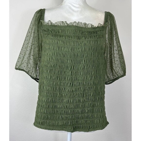 Torrid Dot Mesh Square Neck Smocked Top in Olive Green Plus Size 3X (22-24) - Picture 4 of 12
